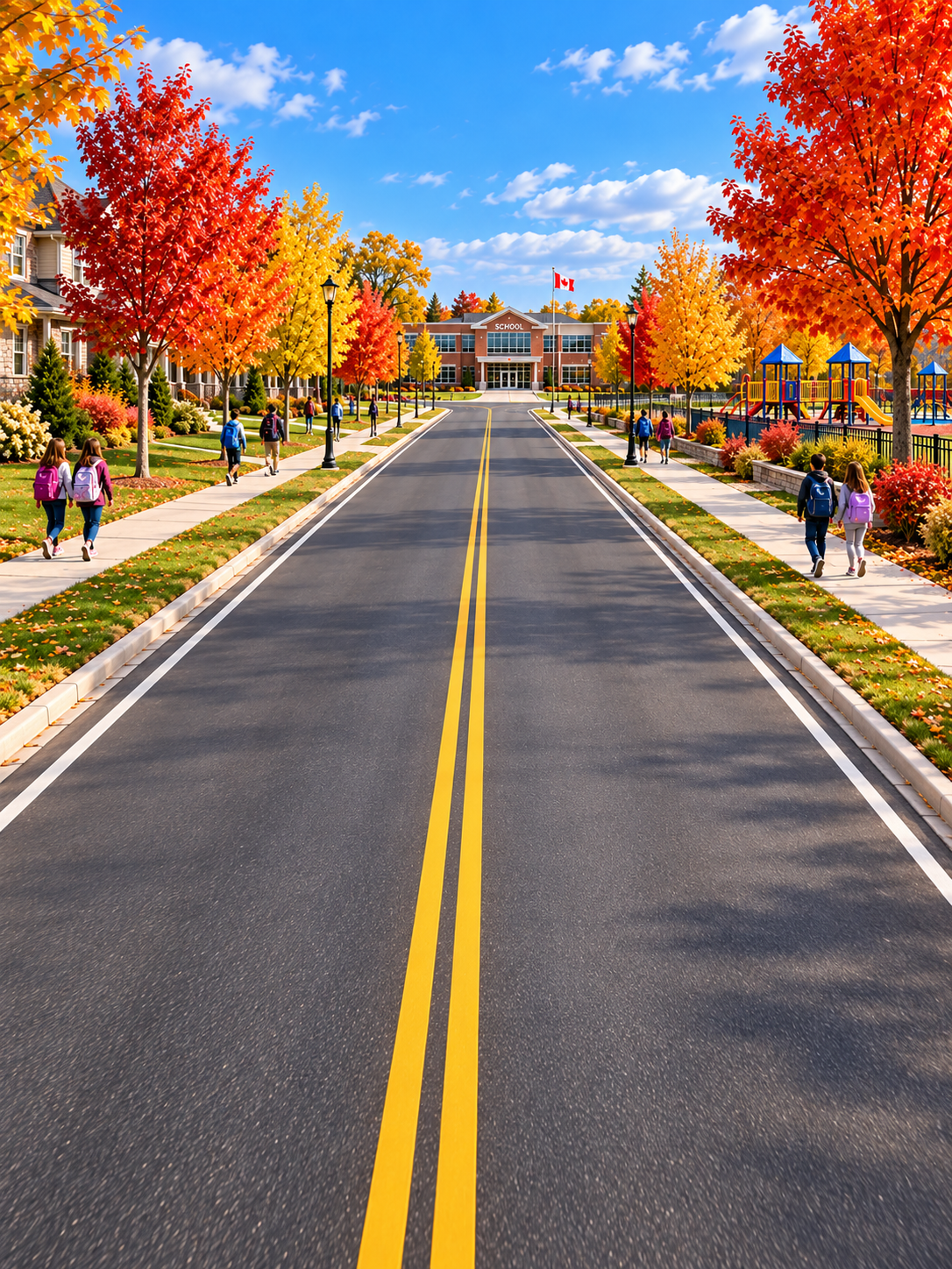 Autumn road leading to school, with children on both sidewalks